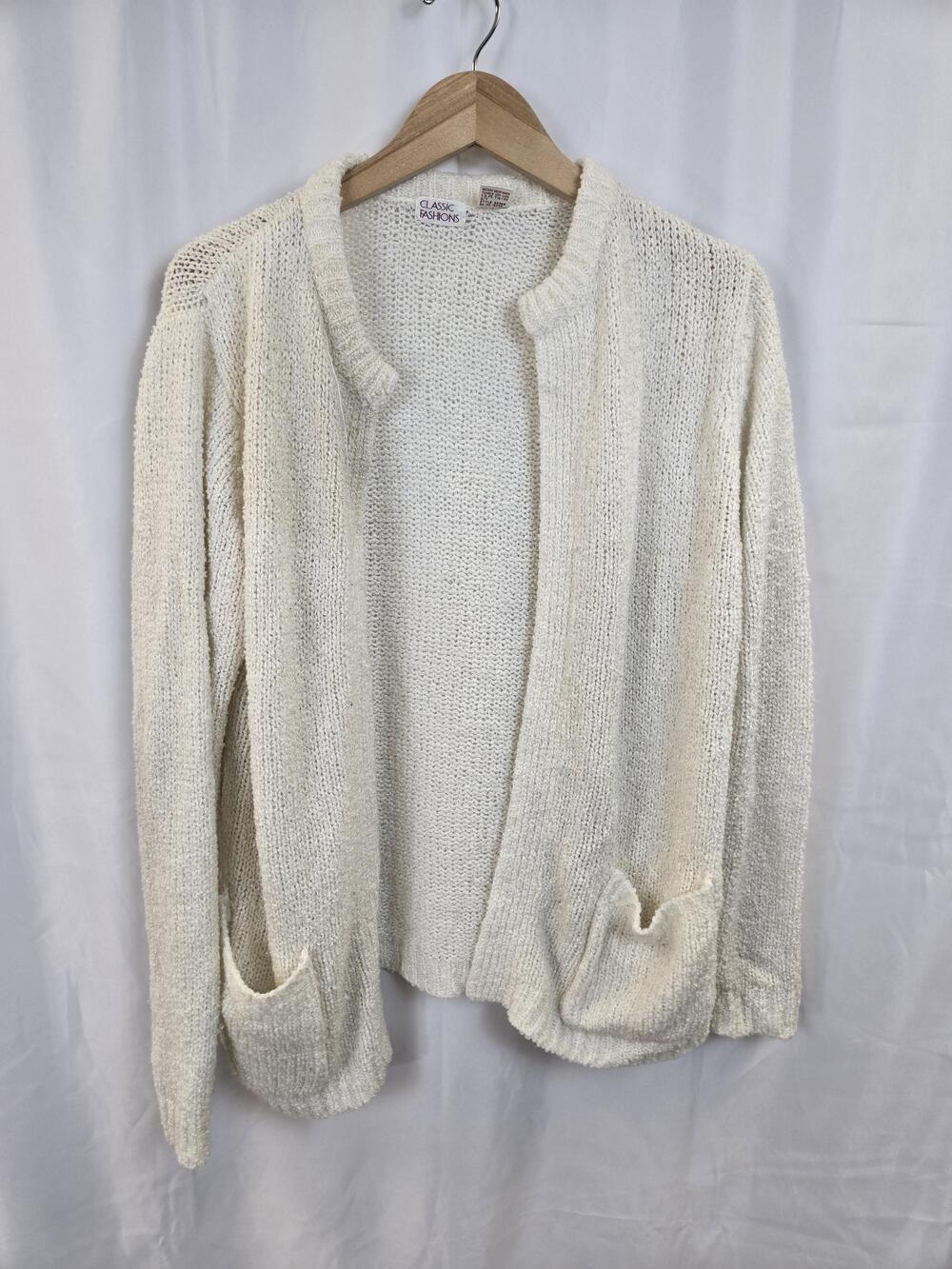 Vintage Classic Fashions Sweater Cardigan Womens 42 White Open Knit Pockets